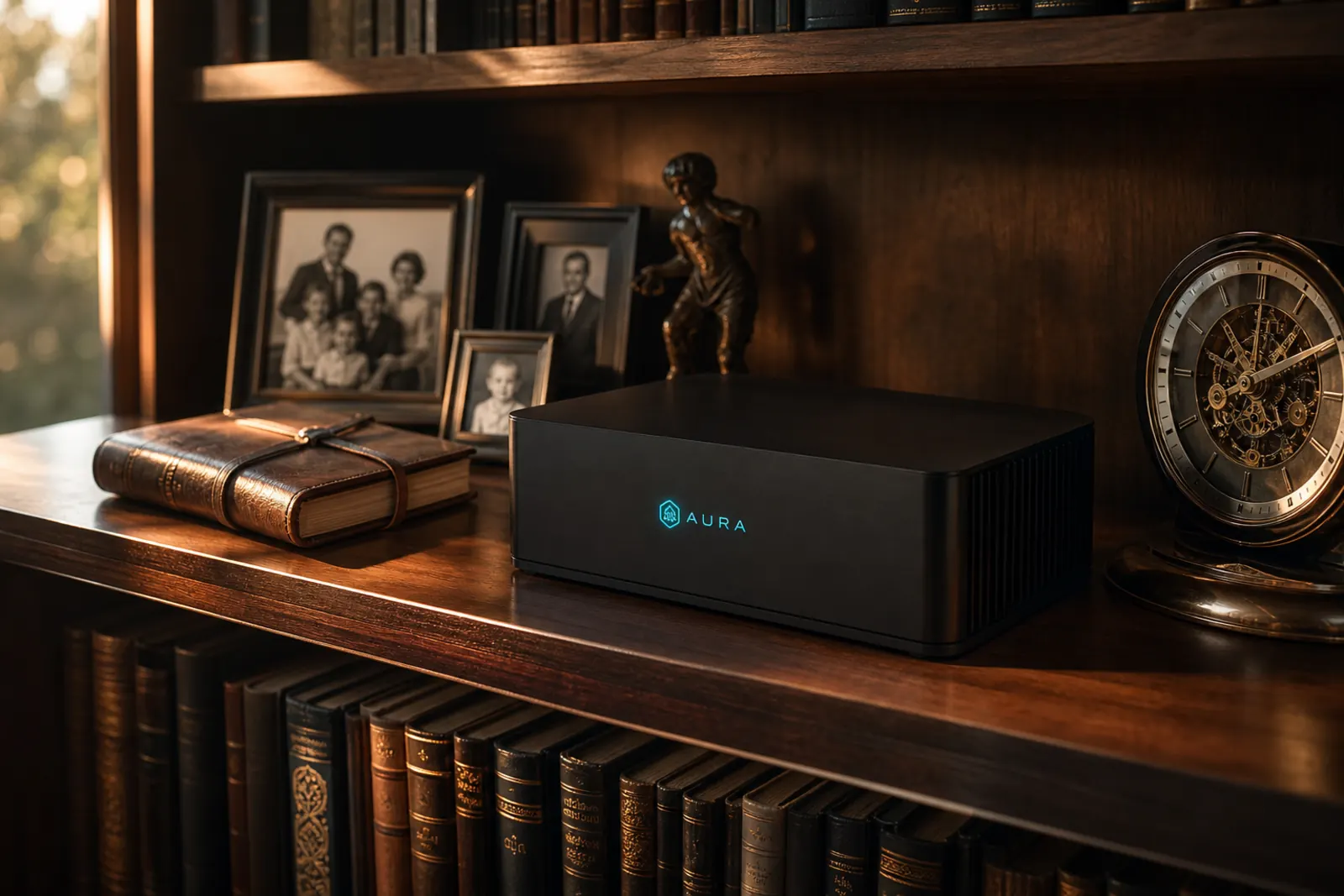 Concept render of the AURA Home Server on a bookshelf next to family photographs