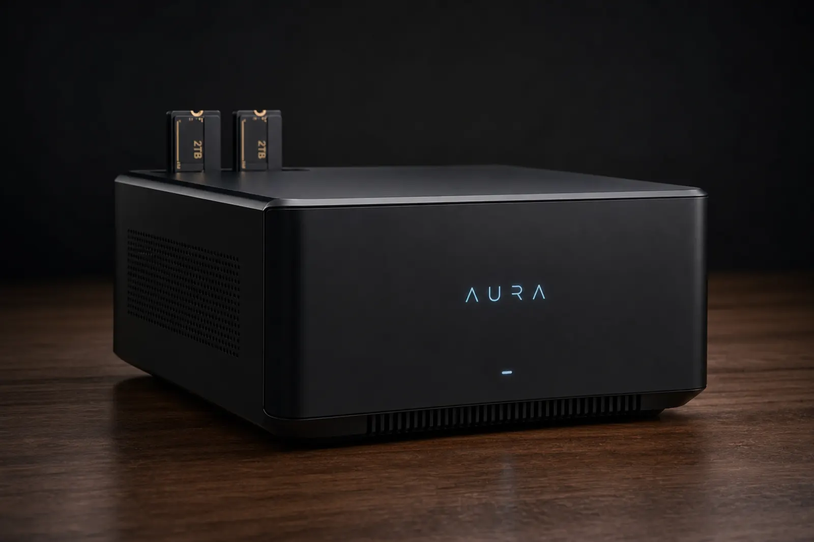 Concept render of the AURA Home Server with its two removable data drives