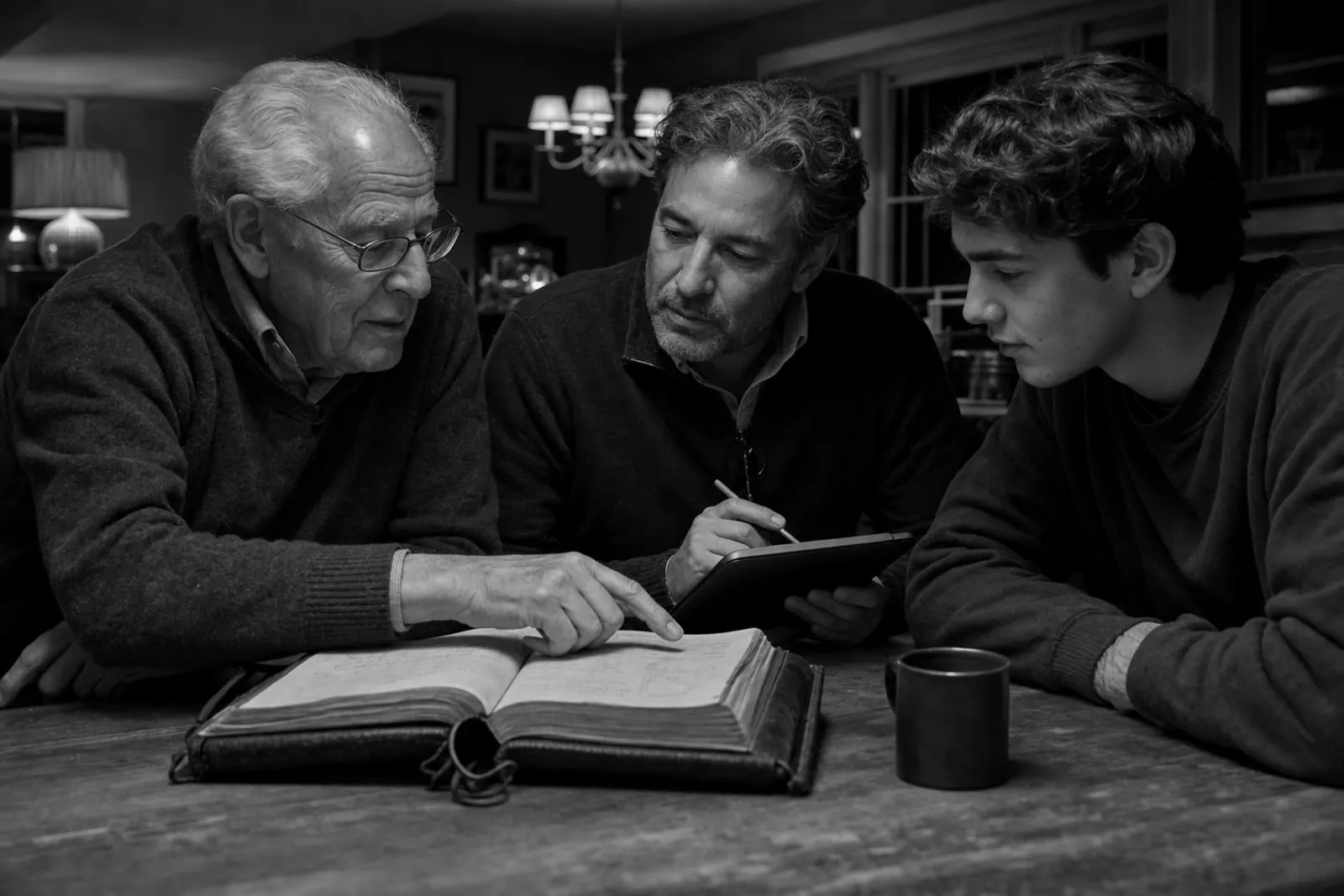 Three generations of a family reading a journal together