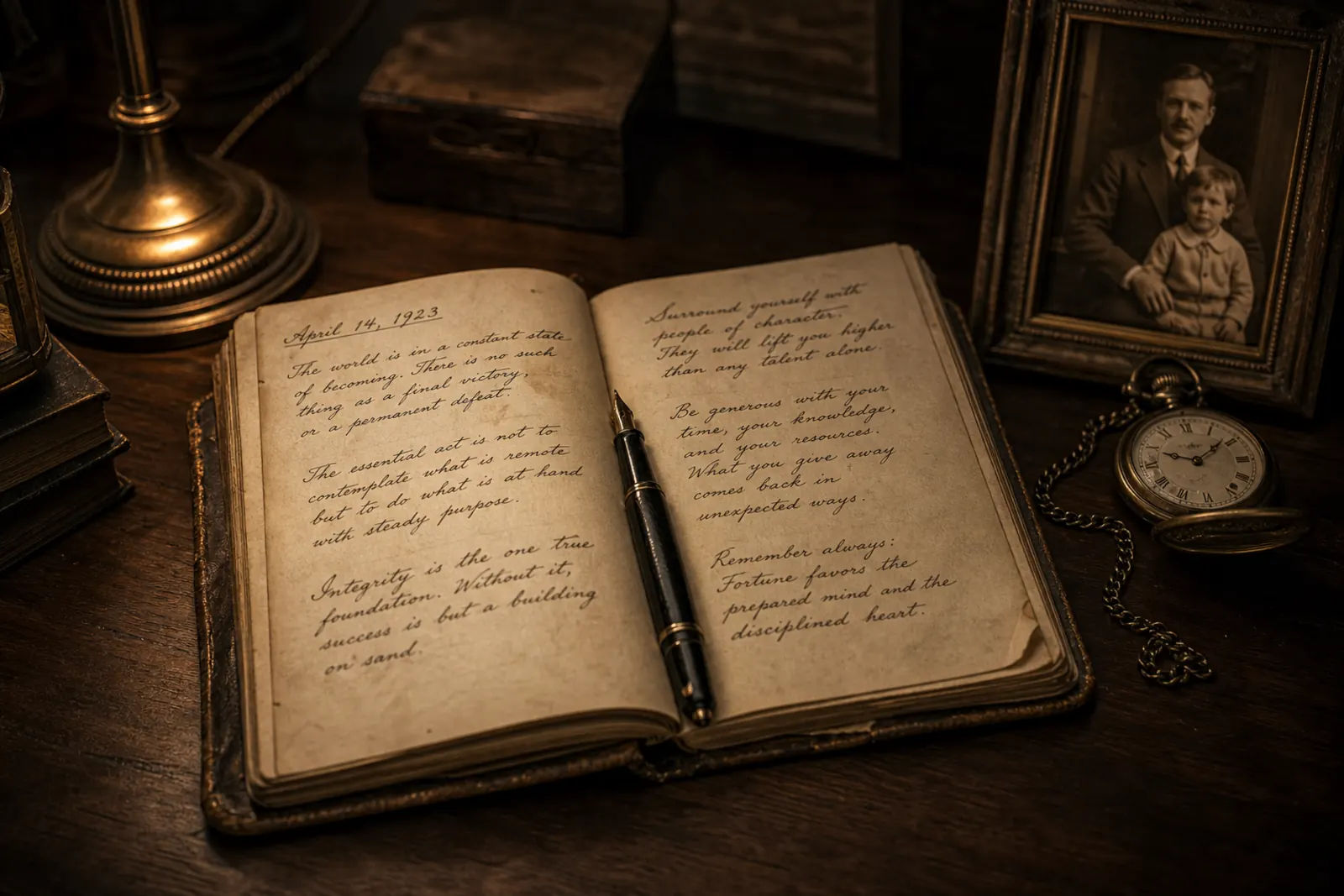 A handwritten journal with a fountain pen, a pocket watch and an old family photograph